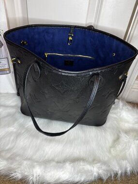 Black Embossed LV Monogram Tote Bag | Large Capacity | Navy Interior
